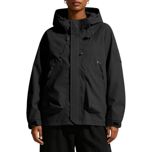 Slxbear Chaqueta impermeable para mujer, ligera, cortavientos, con capucha, cremallera, manga larga, para senderismo, exteriores, bolsillos con cremallera, resistente al viento, duradera, para caminar