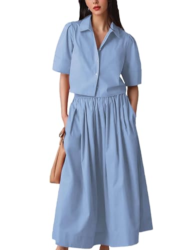 Image of Womens Summer 2 Piece Outfits Skirt Sets Button Short Sleeve Tops Elastic Waist Maxi Dress Sets with Pockets
