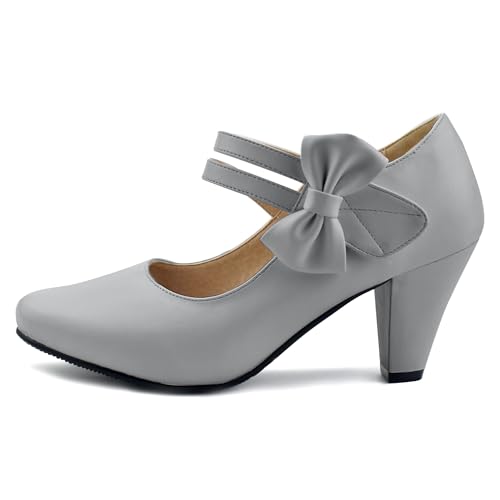 100FIXEO Chic Block High Heel Mary Jane Shoes Women Heels and Pumps Ladies Sweet Ankle Strap Dress Pumps Hook and Loop Bow Heels Closed Toe3
