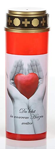 große LED Grabkerze mit Motiv, 21 cm hoch, Brenndauer von bis zu 200 Tagen, flackerlicht, Grablaterne wind und Regenfest, Grablampe (Herz in Hand, Du lebst in unserem Herzen weiter, rot)
