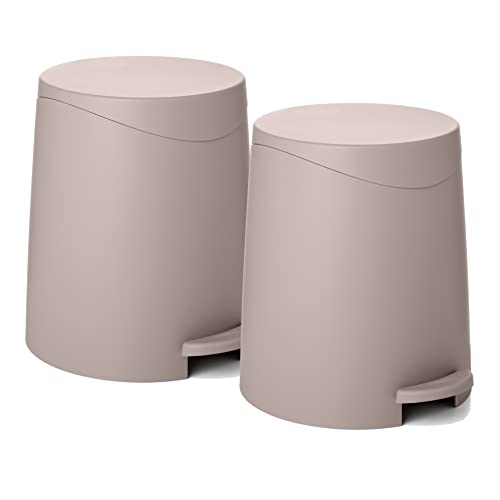 Image of Superio Mini Bathroom Trash Can with Lid 3 Liter, Plastic Waste Bin 0.75 Gallon, Modern Flat Lid Step On Trash Can with Foot Pedal, for Bathroom, Bedroom, Office, Under Desk, Soft Close (2, Taupe)