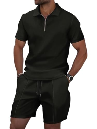 Men's Summer Solid Color Casual Suit Lapel Zipper T-Shirt Short Sleeve Elastic Shorts M-3xl