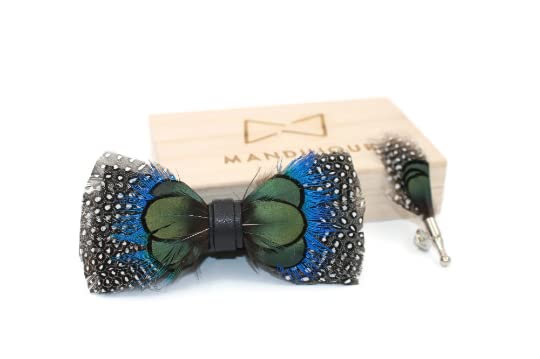 Elegant Polka Dot Pheasant Feather Bow Tie and Lapel Pin Set - Handcrafted Accessories for Groom