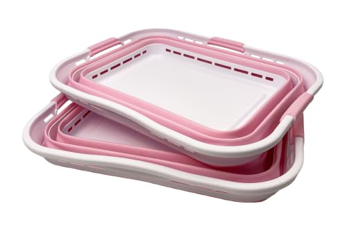 Image of SAMMART Set of 2 Collapsible Plastic Storage Basket - Foldable Pop Up Storage Container - Portable Laundry Organizer - Space Saving Hamper (White /Cherry Pink, 42L (Style A))