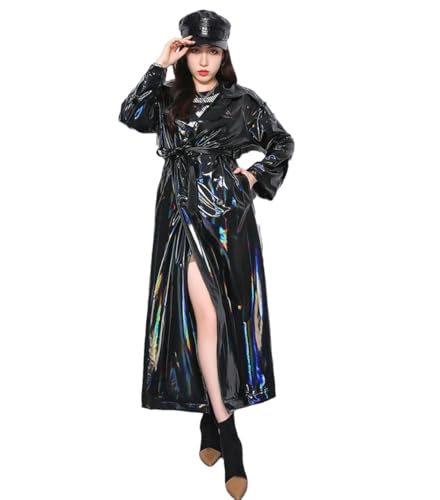 Trench en cuir PVC extra long pour femme, la haute silhouette stretch noire