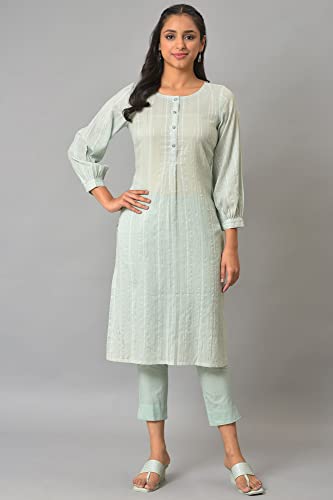 Image of Aurelia Women's Cotton Regular Fit Leno Stripe Regular Kurta
