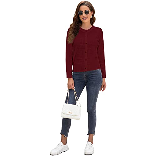 Image of Women's Crew Neck Button Down Long Sleeve Solid Knit Classic Cardigan Sweater Wine Red