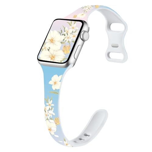 Image of Sport Band Floral Printed Compatible with Apple Watch Bands 49mm 46mm 45mm 44mm 42mm 41mm 40mm 38mm Women, Silicone Flower Printed Fadeless Pattern Design Strap for iWatch Series10 9 8 7 6 5 4 3 2 1SE