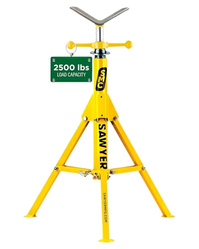 Sawyer Mfg Company Folding V Head Pipe Stand - Heavy Duty Steel Tripod Welding Jack Stand for Pipe Support, Threading, Grooving & Cutting - Adjustable Height 28" to 52" - Portable, Compact & Durable