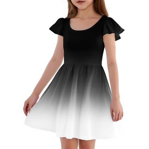 Girls Boho Summer Dress Ruffle Sleeve Crew Neck Casual Floral Party School Graduation Dresses for Kids Black 4-5 Years