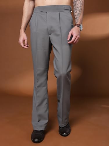 Image of Mens Beige Gurkha Pants with Classic Buckle Closure Premium Casual Bell Bottom Trousers for Men High Waist Pleated Formal & Casual Wear Pant Stylish Retro Flared Bottom Pant