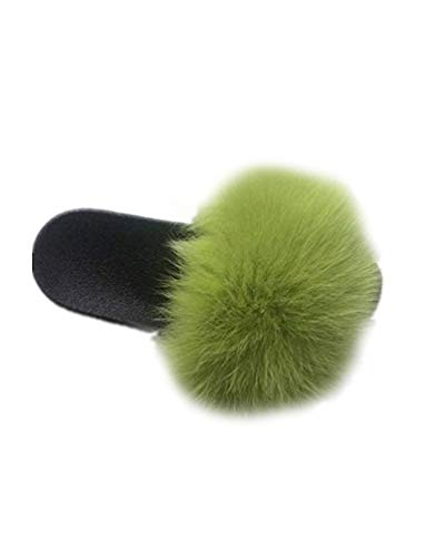 LVCOMEFF Women Real Fox Fur Sandals Slides Lime Green Rose Red Color Slippers Summer Fluffy