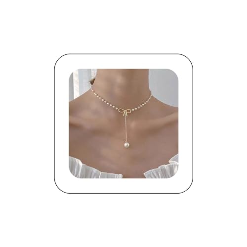 Yienate Boho Pearl Y Collar Lazo de oro Collar de perlas Gargantilla Cadena Borla Perla Colgante Rhinestone Collar Sexy Perla Encantos Minimalista Collar de perlas Joyas para mujeres niñas