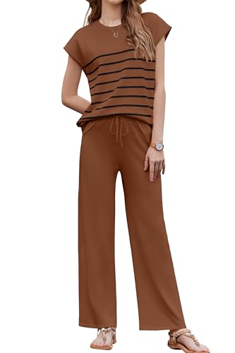 Image of Ekouaer Striped Lounge Set 2 Piece Sweater Matching Outfits Travel Knit Clothing Sets for Women