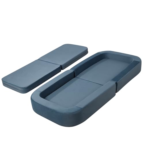 Yoonnie room Toddler Travel Bed,3-in-1 Convertible Sofa Bed for Kids Floor Bed,Travel Bed for Kids,High-Density Foam and Washable Cover,Comfy Toddler Cot for Boys &Girls Playing and Rest (Blue)