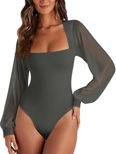 Image of PINKMSTYLE Women's Square Neck Double Lined Mesh Long Sleeve Bodysuits | Sheer Puff Sleeve Body Suit,Slim fit Trendy Going Out Tops,Concert Outfit