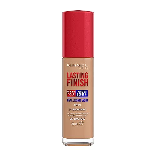 Rimmel London Lasting Finish 35H, 203 True Beige, fondotinta, lunga tenuta, idratante, formula vegana, alta coprenza, 30ml