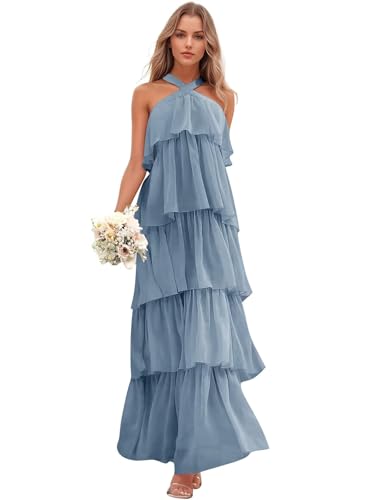 Halter Chiffon Bridesmaid Dresses for Women 2025 Tiered Ruffles A Line Long Formal Evening Party Gown