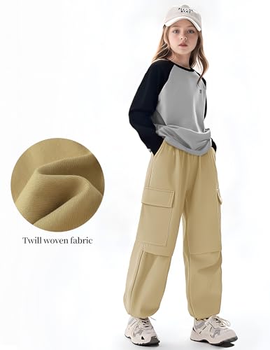 Image of Girls Cargo Pants Elastic Waist Jogger Pants Loose Trousers with Pockets Sweatpants for Kids 4-14Years