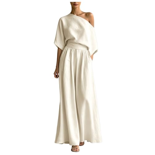 Mono Conjunto Dos Piezas Mujer Verano Lino Un Hombro Cuello en V Profundo Media Manga Manga Larga Color Liso Cintura Alta Pierna Ancha con Bolsillos Casual Elegante para Boda Fiesta Trabajo (Beige, M)