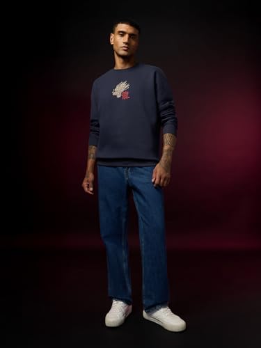 Image of The Souled Store Year of The Dragon Men and Boys Long Sleeve Round Neck Navy Blue Graphic Printed Cotton Polyester Blend Drop Shoulder Streetwear Trendy Winter Ready Oversized Sweatshirt