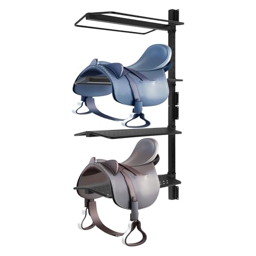 DreamRcoach Saddle Rack, 4 Tier Wall Mount Saddle Rack, Adjustable Metal Saddle Storage Rack for Storing Saddles, Saddle Pads, Horse Blanket(Black)