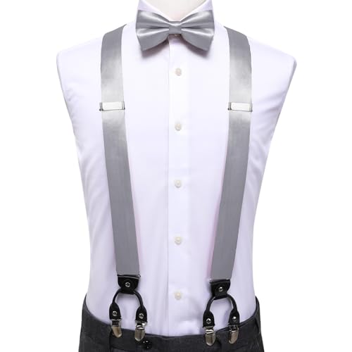 Image of Hi-Tie Men Suspender Bowtie Set Suspenders Pre-tied Bow Tie Pocket Square Cufflinks Adjustable Y Shape 6 Clips Braces Tuxedo