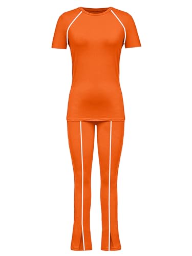 Image of STOLKISS Women 2 Piece Outfits Summer Workout Sweatsuit Striped Short Sleeve Long Flare Pants Casual Travel Tracksuit