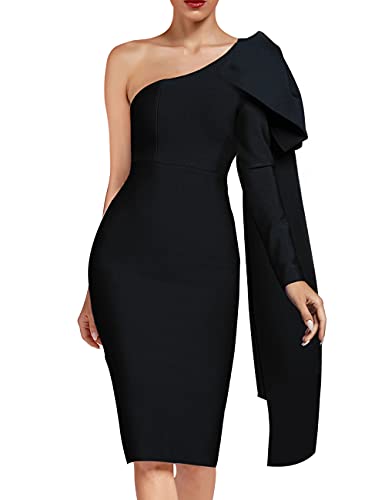 UONBOX Women's One Shoulder Bowknot Long Sleeve Bodycon Knee Length Club Party Bandage Dress