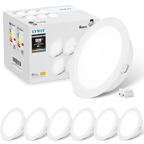 LVWIT ×6 LED Empotrable en Techo, Lámpara de Techo Circular Ultraplana de 12W, Foco Blanco Frío de 6500K, Ideal Para Baños, Cocinas y Pasillos, 1320 Lúmenes, Ø148mm, No Regulable.