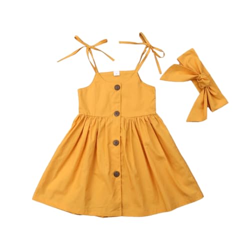 HEOXIN Vestido con Botones para Niñas Recién Nacidas, Vestido de Princesa sin Mangas con Tirantes Ajustables y Diadema con Lazo para Sesiones Fotográficas y Cumpleaños, de 2 a 3 Años, Amarillo