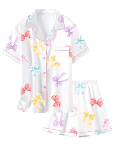 Image of Schbbbta Girls Womens Pajamas, Satin Silky Pjs Set Kids 2Pcs Button-Down Nightwear Sleepwear Gift for Mommy and me