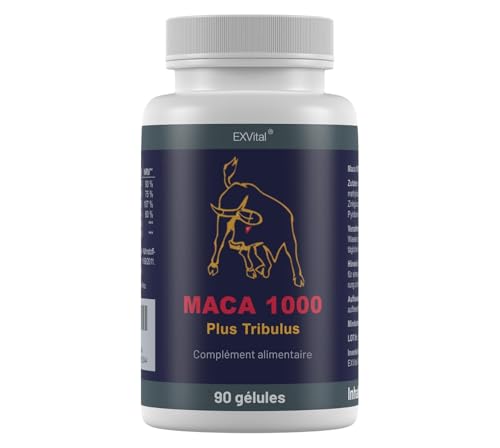 Maca 1000 plus Tribulus, Maca et Tribulus idéalement combinés dans un seul produit, 90 gélules de qualité premium, hautement dosé, lot de 1 (1x 74 g)