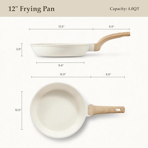 Image of CAROTE Non Stick Frying Pan Skillet, Omelet Pan, Healthy Non Toxic Granite Chef Pan, Induction Compatible Egg Frying Pan with Heat-Resistant Handle, PFOA-Free, Cream White, 12 inch