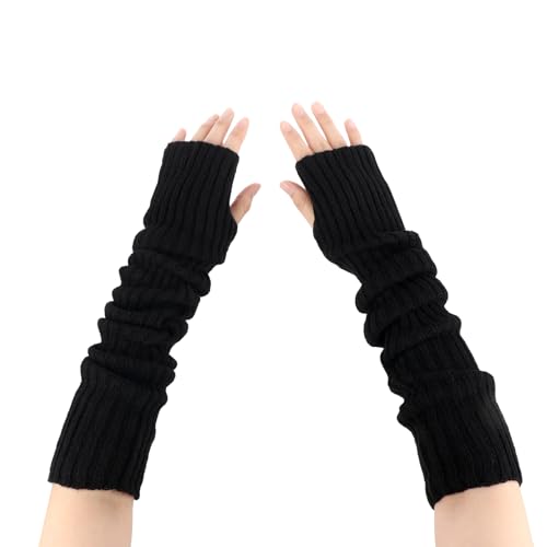 ZEYIYER Schwarze Armwärmer, Strick-Handschuhe ohne Finger für Damen, Herbst Winter Armwärmer, Unisex Armstulpen mit Daumenloch Stretch-Handschuhe