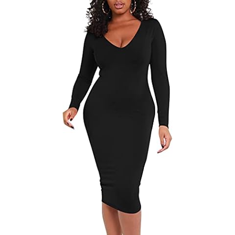 BORIFLORS Women's Sexy Bodycon Long Sleeve Deep V Neck Club Party Midi Pencil Dresses, Large, Black Cover