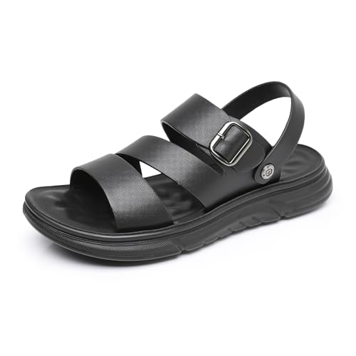 Finishing & Sewing Men's Leather Comfort Beach Sandals with Adjustable Buckle Strap