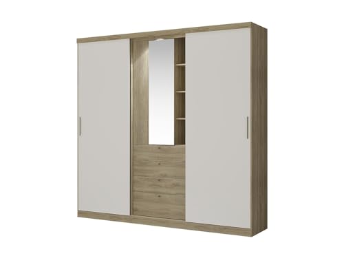 Vente-unique-Armario 2 Puertas correderas - Espejo y cajones - L.240cm - Natural y Marfil - BODIL II
