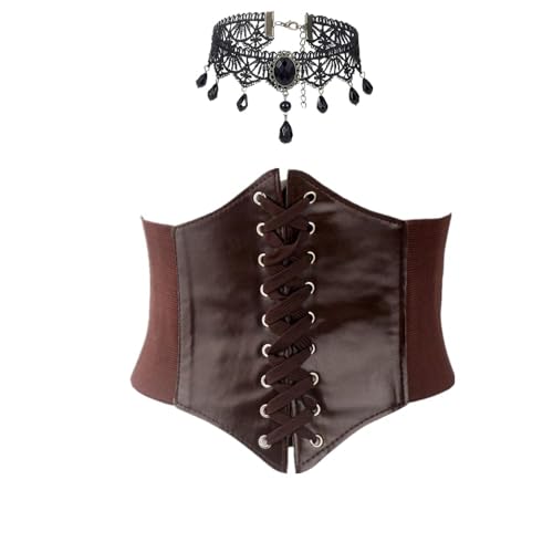 JOZMMZEOOA 2 peças espartilho mulher preto, com 1 renda colar gótico gargantilha disfarce pirata mulher Viking Steampunk Women'S Corset Belt vestido pirata vestido com cintura ajustável, Castanho