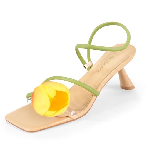 Image of LACIKOSZ Flower Kitten Heel Sandals for Women Calla Lily Green Heels Square Open Toe Floral Strappy Low Heel Sandals Summer Dressy Wedding Shoes