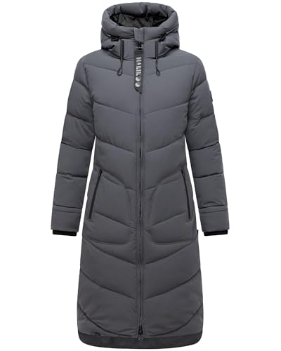 MARIKOO Damen langer Wintermantel warmer Steppmantel mit verstellbarer Kapuze Benikoo Anthracite Gr. M