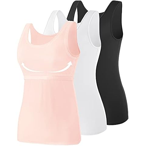 AMVELOP Tank Tops for Women Built in Bra Cotton Shelf Bra Tanks Layering Undershirts 2-3 Pack Black White Pink L Cover