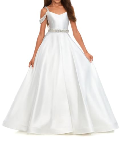 Girl's Spaghetti Strap Satin Flower Girl Dresses for Wedding Beaded Princess Pageant Dress Long Ball Gown3