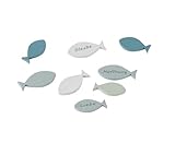 ReWu Streudeko Fische aus Holz Grün Blau Weiß - Tischdekoration Taufe Hochzeit Komformation Kommunion DIY-Dekoration Geschenkverzierung Glaube Liebe Hoffnung Deko-Idee 8-Stück