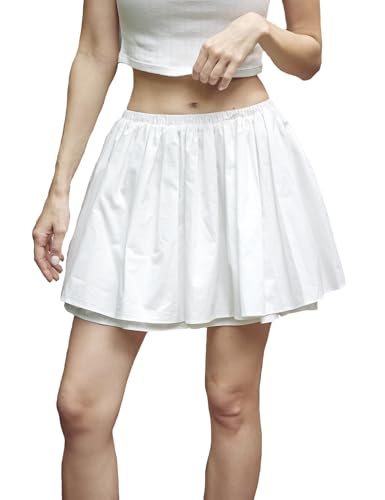 BEAUTELICATE White 100% Cotton Mini Skirt Side 2 Pockets Elastic Waist Fluffy Skirt Pure Cotton Lining