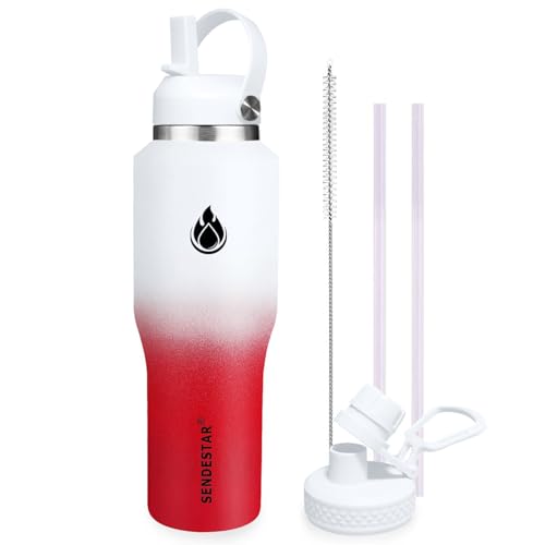 Image of SENDESTAR 40oz Stainless Steel Water Bottle(Cold for 48 Hrs, Hot for 24 Hrs),Double Wall Vacuum Insulated Bottle with Straw Lid, Spout Lid and Flex Cap, Fit in Any Car Cup Holder