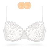 Wingslove Women's Sexy Lace Bra Demi Sheer Mesh Balconette See Through Bralette Unlined Underwire Embroidered (White,36C)