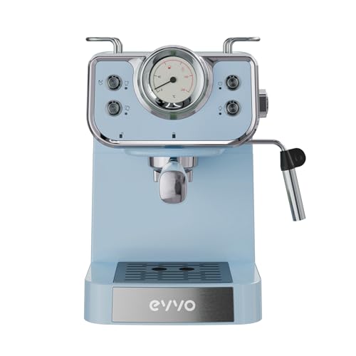 EVVO Cafetera Express Intensa Retro, 15 bares, Acabado Vintage, Cuerpo de Acero, Espressos y Capuccinos, 950W, Doble salida, Portafiltros, Depósito de 1,5 l, Calentamiento Rápido (Color: Azul)