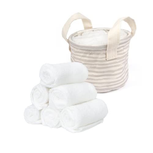 MOMO WAY Lot de 6 Serviettes en Coton avec Panier de Rangement avec Rayures Grises, 6 Petite Serviette Visage 30x30cm en Blanc, Serviettes pour invités, Ideal pour Eponge Visage, pour Spas et Hôtels
