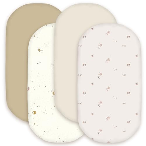 Image of Little Grape Land Bassinet Sheets for Baby Boys Girls 4 Pack, 33 inch x 18 inch Extra Soft Breathable Fitted Bassinet Sheets, Bedside Sheets Fit for Oval Rectangle and Hourglass Bassinet Mattress (Flower)